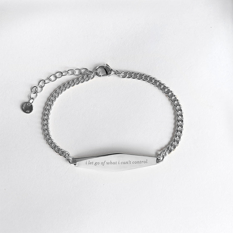 Silver Curb Chain Bracelet Engraved with the phrase "I let go of what I can't control"